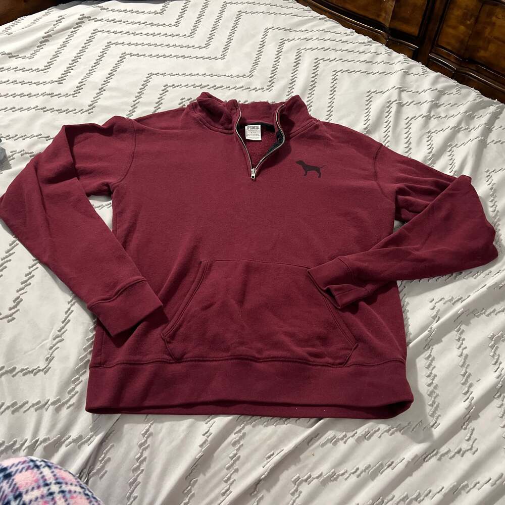 PINK Victoria's Secret Women's Quarter-Zip Fleece Pullover Sweatshirt Maroon Siz
